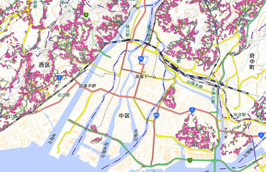 土砂災害警戒区域　出典：広島市防災情報マップ